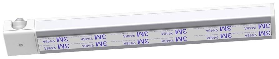 Podłużna lampa LED z czujnikiem, wyposażona od spodu w taśmę klejącą 3M umożliwiającą łatwą instalację.