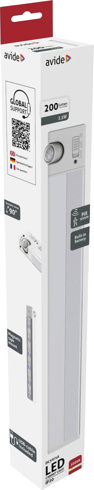 Biała opakowanie z belką świetlną LED, 200 lumenów, z czujnikiem ruchu, marki Avide.