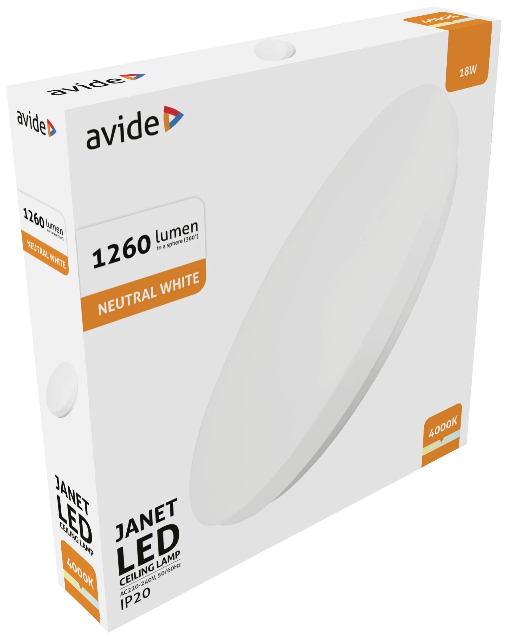 Opakowanie lampy sufitowej LED marki Avide. Szczegóły: 1260 lumenów, 18W, 'Neutralna biel', IP20, 4000K. Zdjęcie lampy na przedniej stronie opakowania.