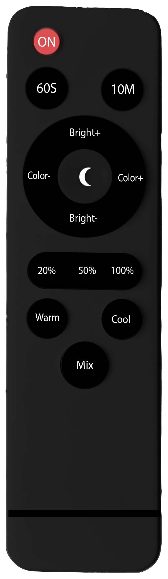 Czarna pilot ze sterowaniem włączania/wyłączania, regulacji jasności, temperatury barwowej oraz ustawień czasowych. Okrągły panel sterowania pośrodku.
