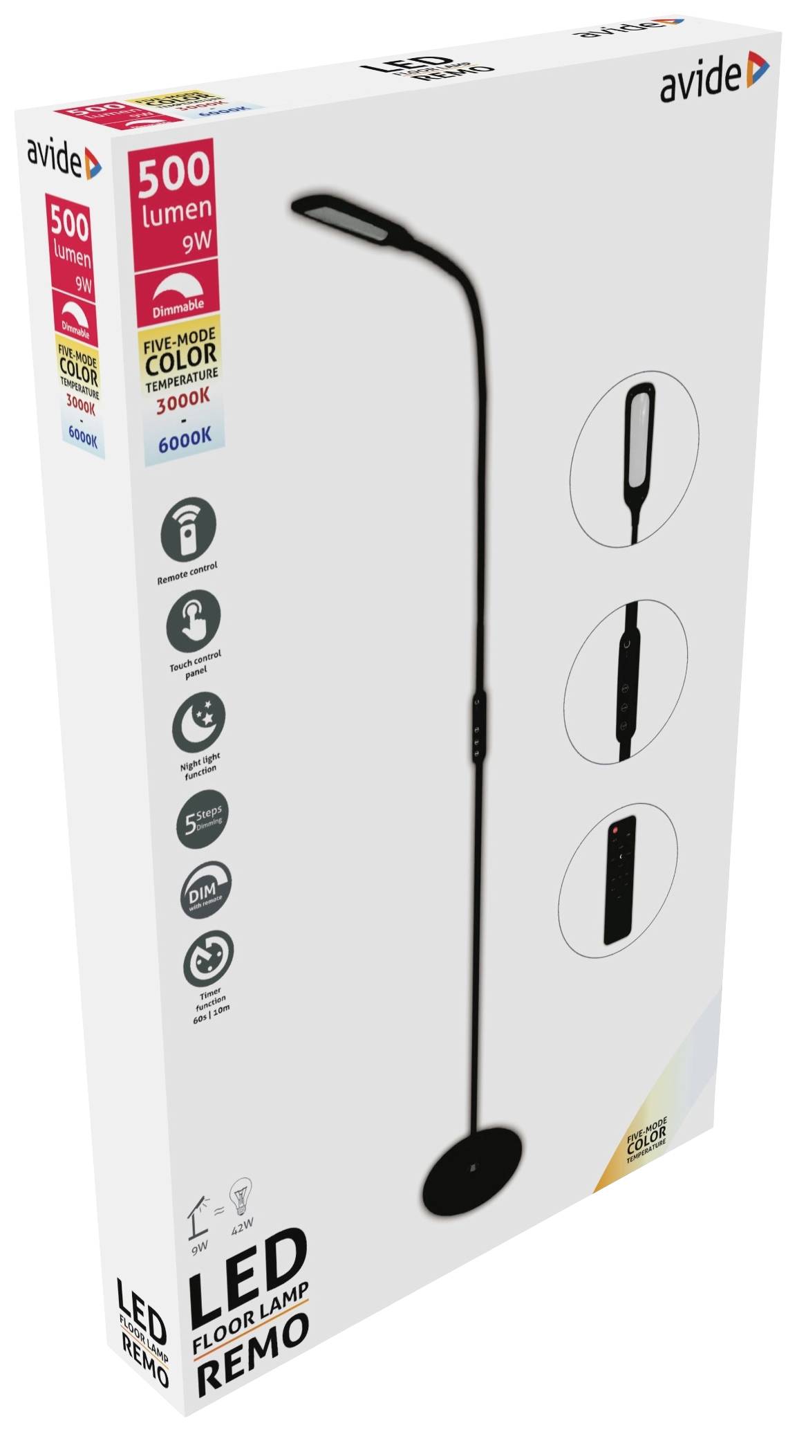 Opakowanie lampy LED marki Avide o mocy 500 lumenów i 9W. Zawiera pilot zdalnego sterowania i możliwość regulacji barwy światła w temperaturze 3000K.