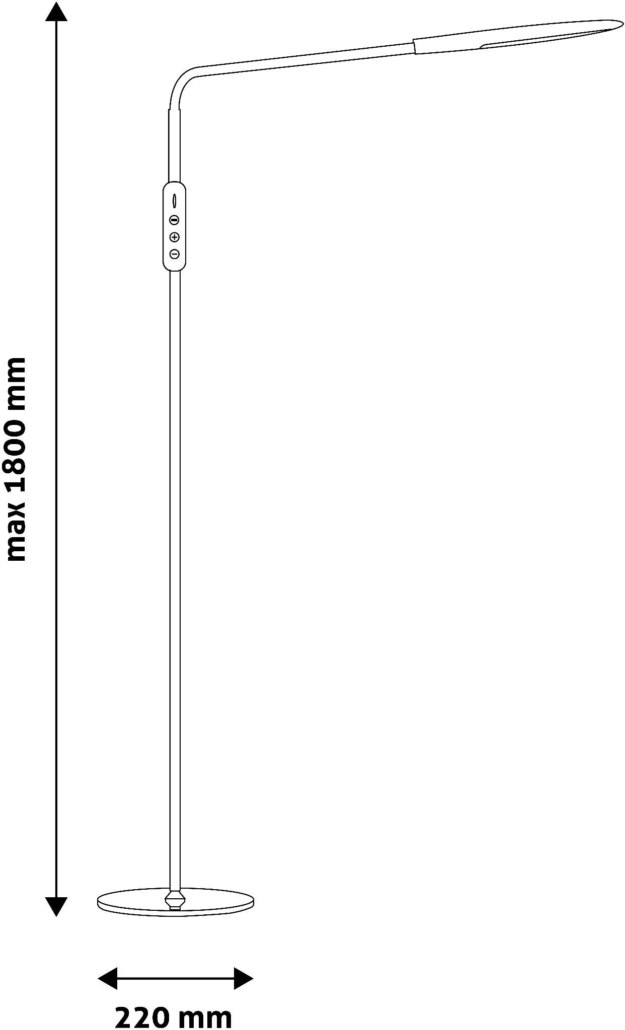 Lampa stojąca o smukłej sylwetce, z regulowaną wysokością do 1800 mm, na okrągłej podstawie o średnicy 220 mm.