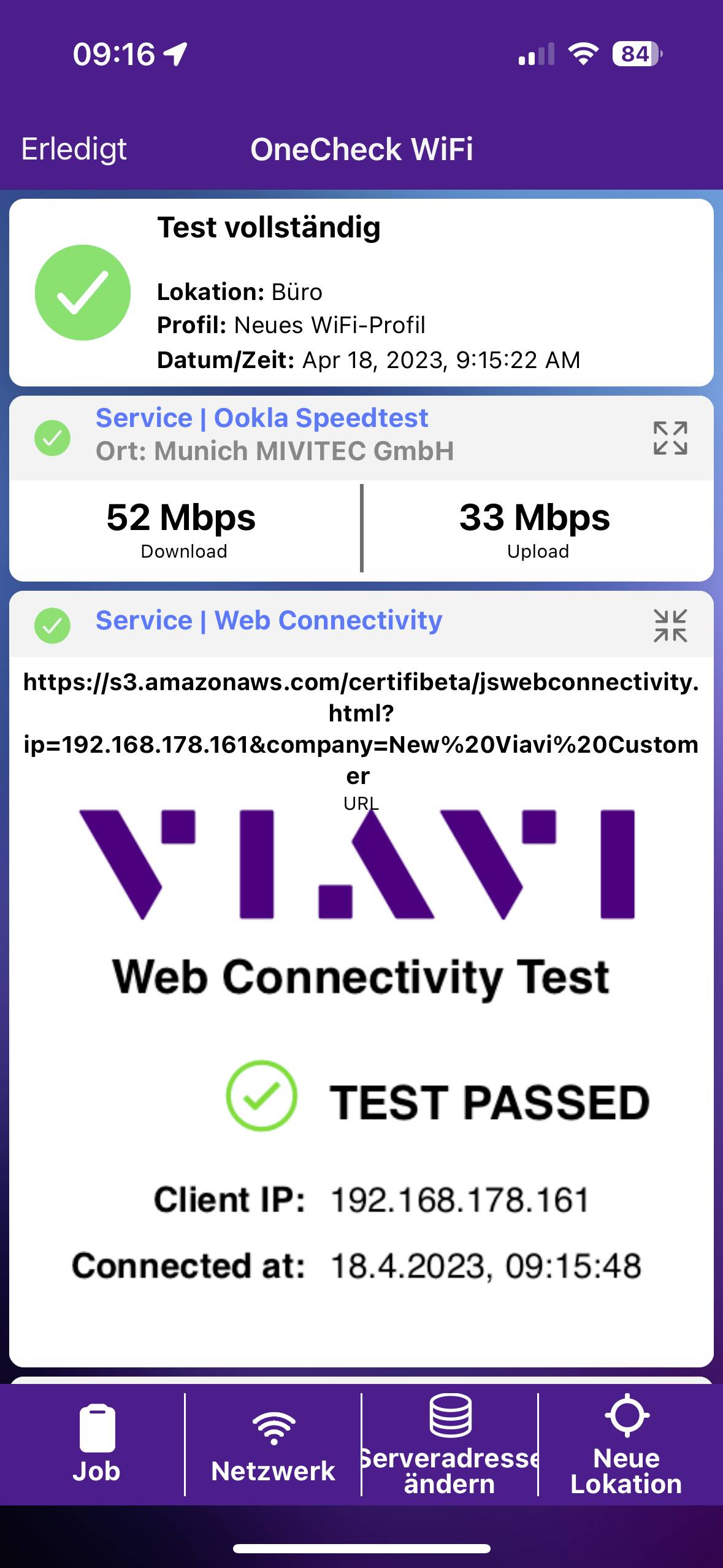 'Udany test. Lokalizacja biura. Prędkość: 52 Mb/s download, 33 Mb/s upload. Testy połączenia zaliczone.'