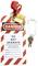 'Znak ostrzegawczy z czerwoną głowicą i białymi paskami skośnymi; tekst: "NIEBEZPIECZEŃSTWO NIE URUCHAMIAĆ". Zamknięty kłódką z dwoma kluczami.'