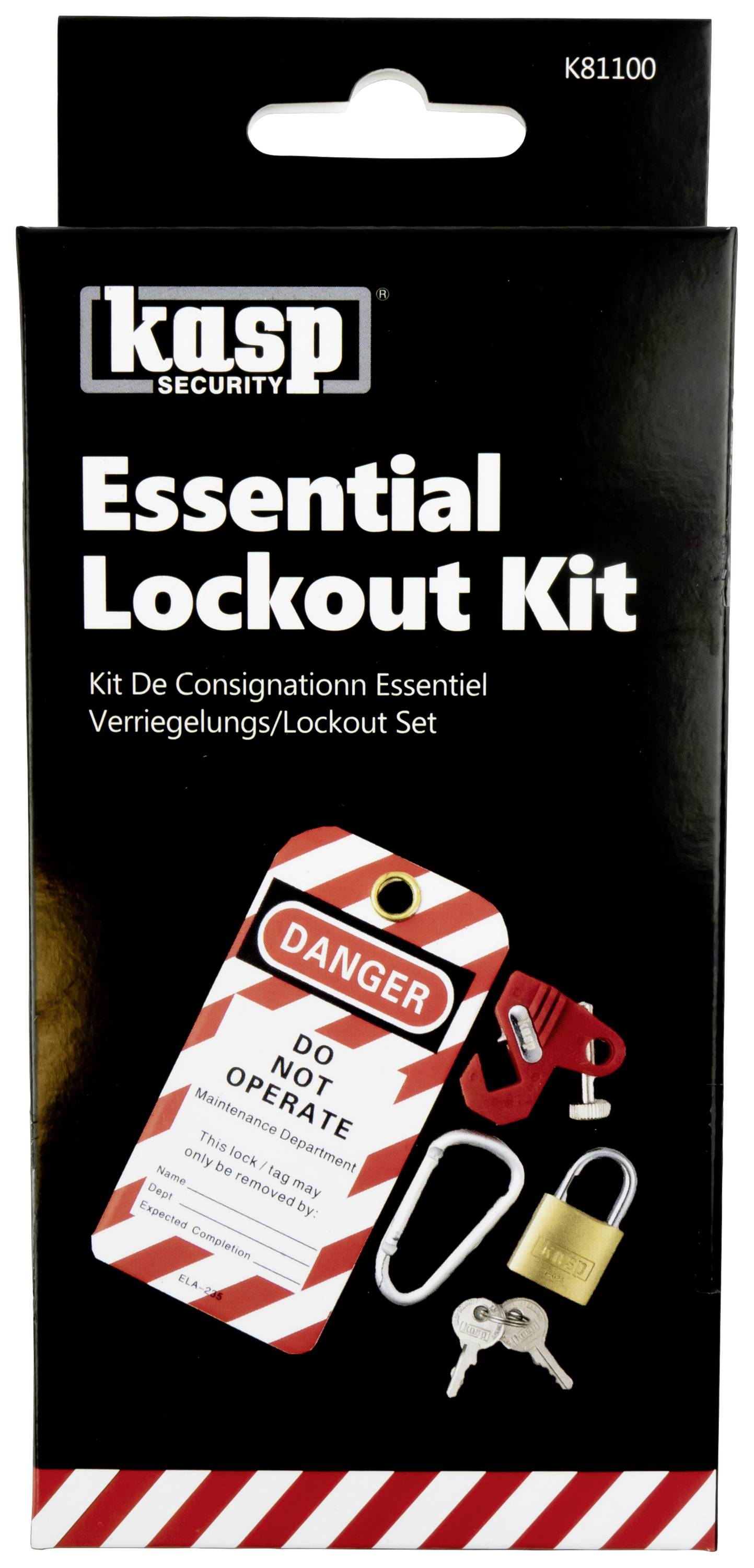 Pudełko z zestawem blokad bezpieczeństwa 'Essential Lockout Kit' firmy Kasp Security. Na zdjęciu: kłódka zabezpieczająca, para kluczy, znacznik ostrzegawczy 'NIEBEZPIECZEŃSTWO NIE URUCHAMIAĆ'.