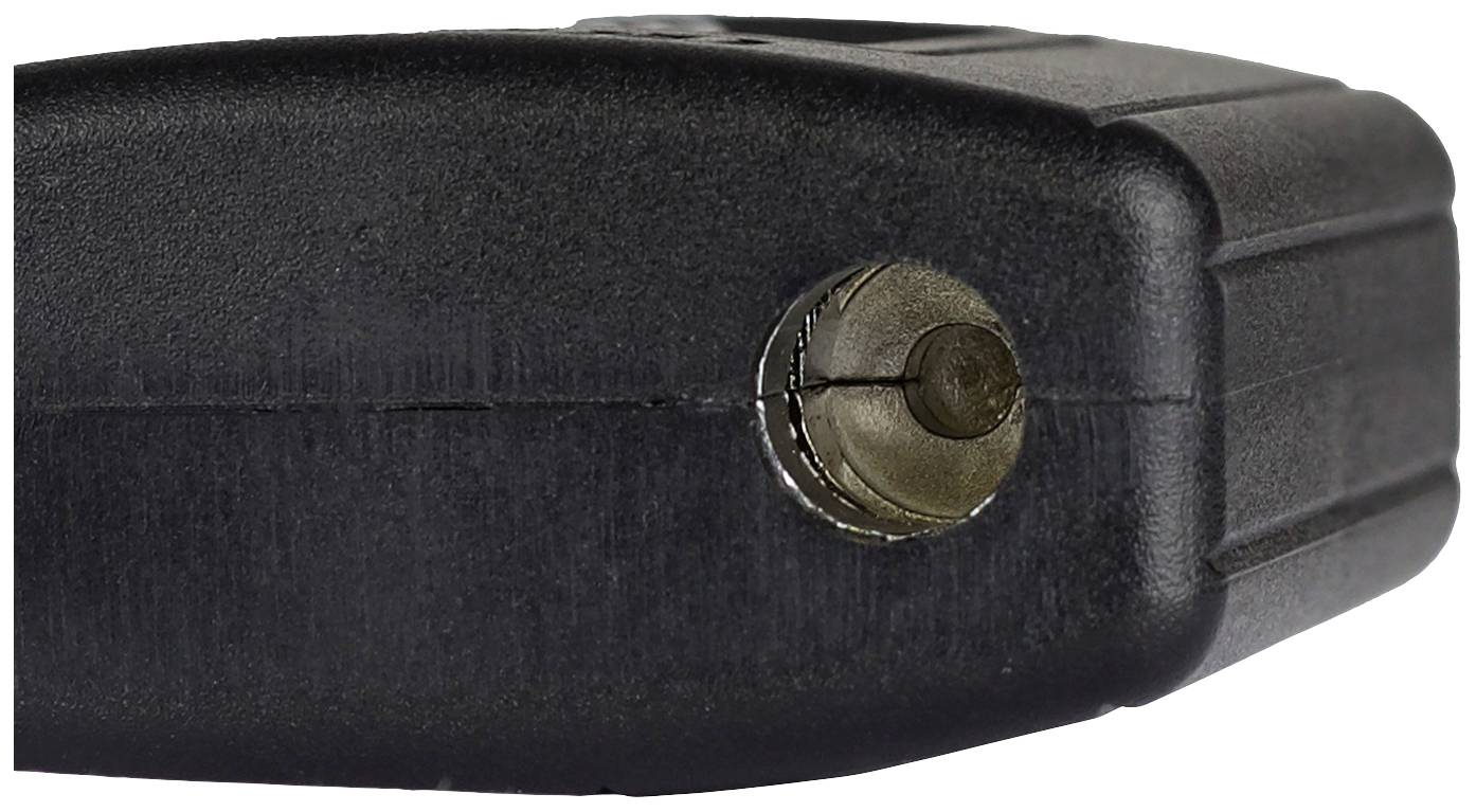 Zbliżenie czarnej konstrukcji z tworzywa sztucznego i metalu, prawdopodobnie zamka, na białym tle.