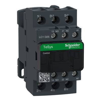 Schneider Electric TeSys LC1 D25 stycznik z systemem zacisków śrubowych. Obudowa w kolorze czarno-szarym z zielonym napisem.