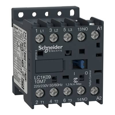 Czarny łącznik firmy Schneider Electric, model LC1K09 10M07, przeznaczony do sterowania urządzeniami elektrycznymi, oznaczony zaciskami i specyfikacjami.