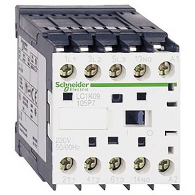 Biały elektryczny przekaźnik z zielonym napisem 'Schneider Electric', numer modelu 'LC1K09', zaciski przyłączeniowe widoczne z przodu.
