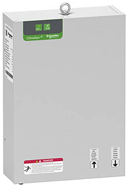 Elektryczny rozdzielnik elektryczny firmy Schneider Electric z zielonymi i czerwonymi ostrzeżeniami na przedniej ścianie; przeznaczony do sterowania systemami klimatyzacyjnymi.
