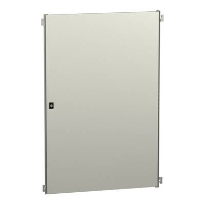 Prostokątne drzwi metalowej szafki w neutralnym odcieniu. Prosty design bez elementów dekoracyjnych, odpowiednie jako pokrywa lub drzwi dostępowe.