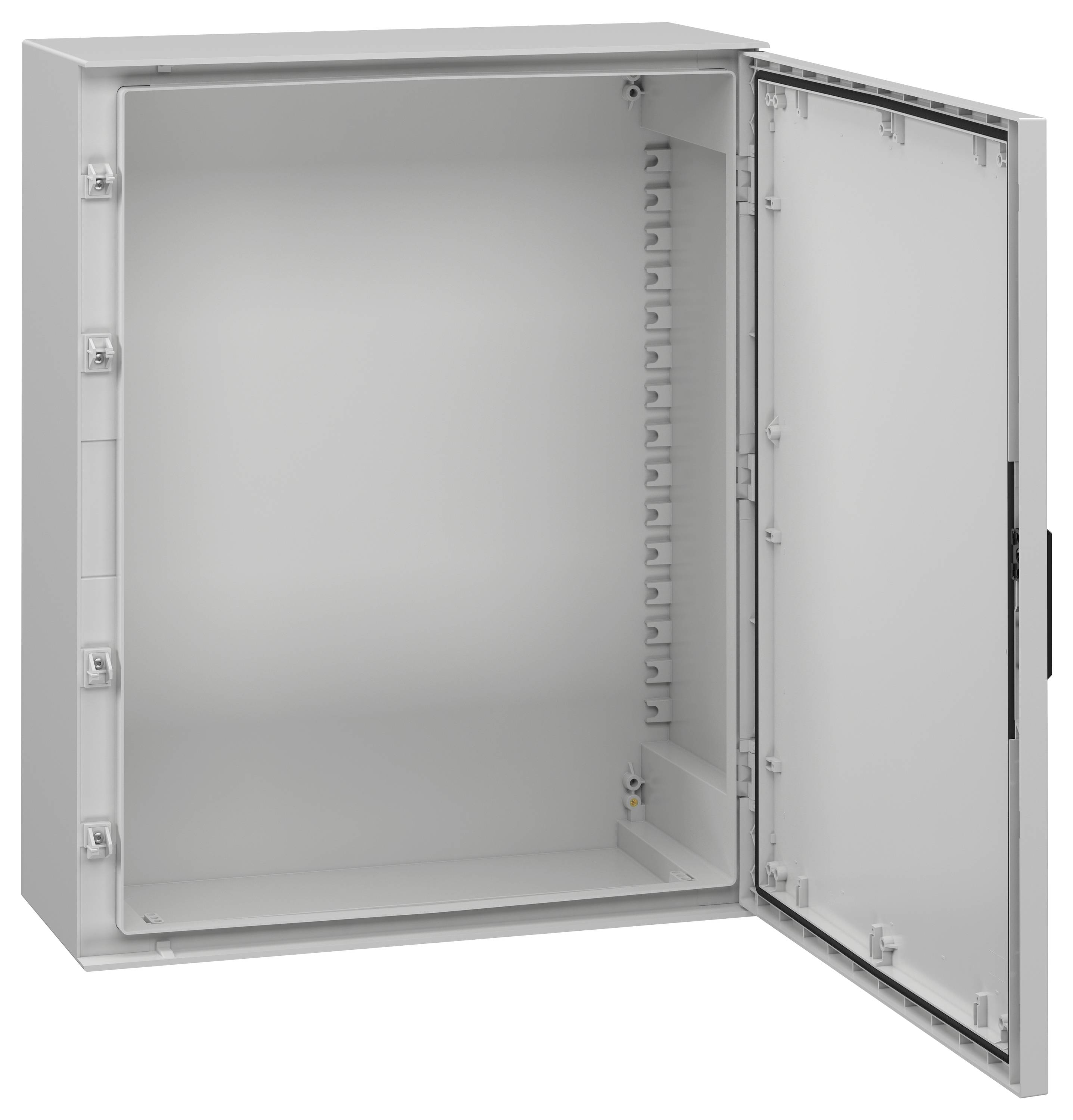 Metalowa obudowa elektryczna z otwartymi drzwiczkami, ukazująca przestronne wnętrze do montażu elementów. Obudowa charakteryzuje się wytrzymałą konstrukcją.