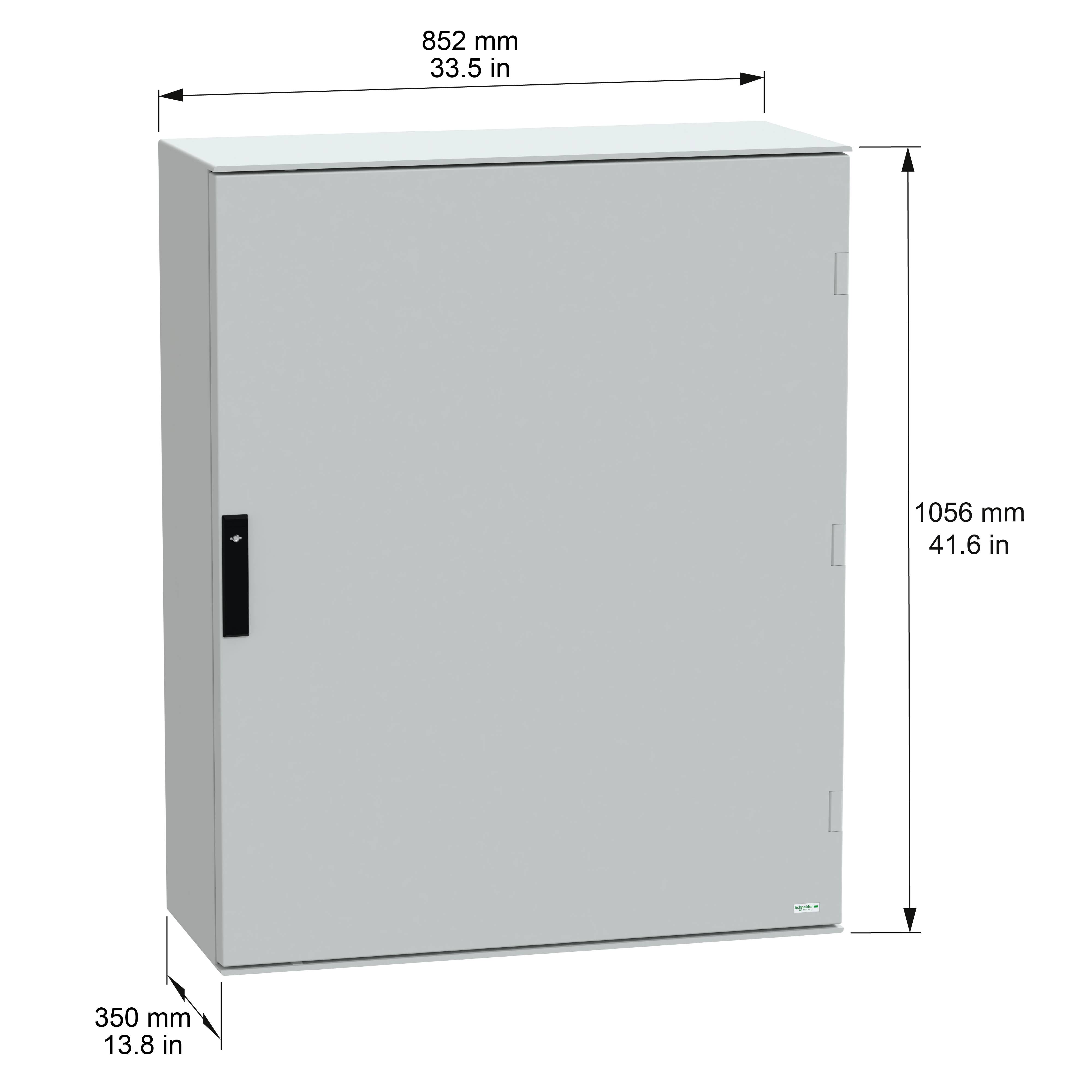 Szara metalowa szafka o wymiarach: 852 mm (33,5 cala) szerokości, 1056 mm (41,6 cala) wysokości i 350 mm (13,8 cala) głębokości.