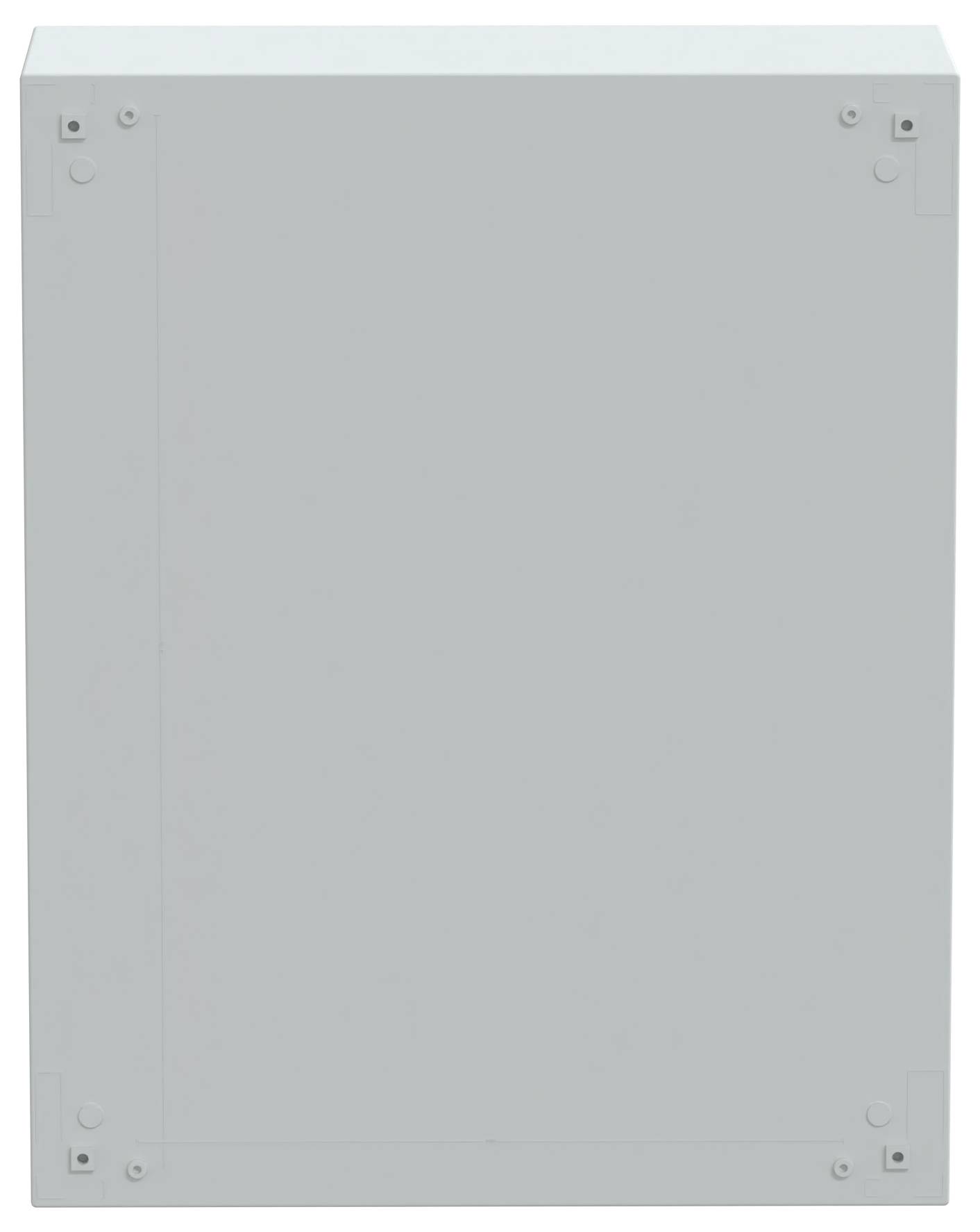 Płaska, prostokątna, jasnoszara metalowa skrzynka z widocznymi śrubami w narożnikach, na białym tle.