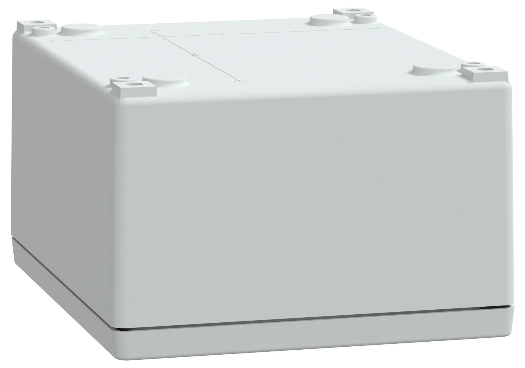 Kwadratowa, jasnoszara plastikowa obudowa skrzynkowa, odpowiednia do umieszczania elementów elektrycznych, o gładkiej powierzchni i zaokrąglonych narożnikach.