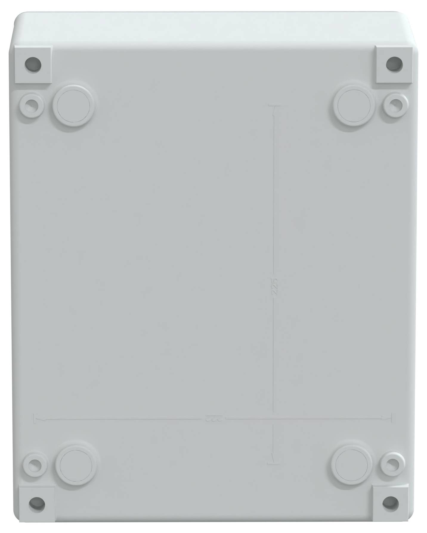 Prostokątne, jasnoszare pudełko elektryczne z sześcioma otworami na śruby w narożnikach.