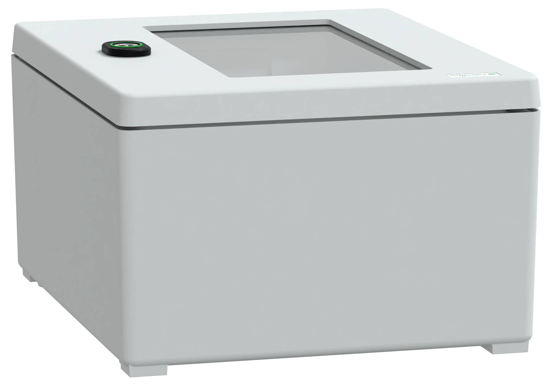 Solidna, kwadratowa, jasnoszara metalowa obudowa z przezroczystą górną pokrywą i małą okrągłą gałką po lewej stronie.