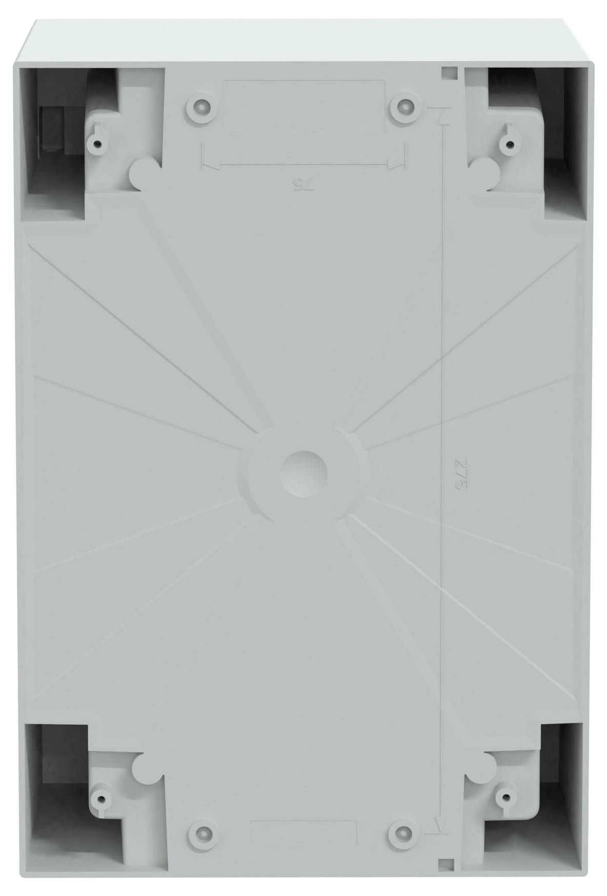 Szary, prostokątny obudowa z tworzywa sztucznego z geometrycznymi wzorami i otworami montażowymi w każdym rogu, prawdopodobnie przeznaczona do elektronicznych podzespołów.