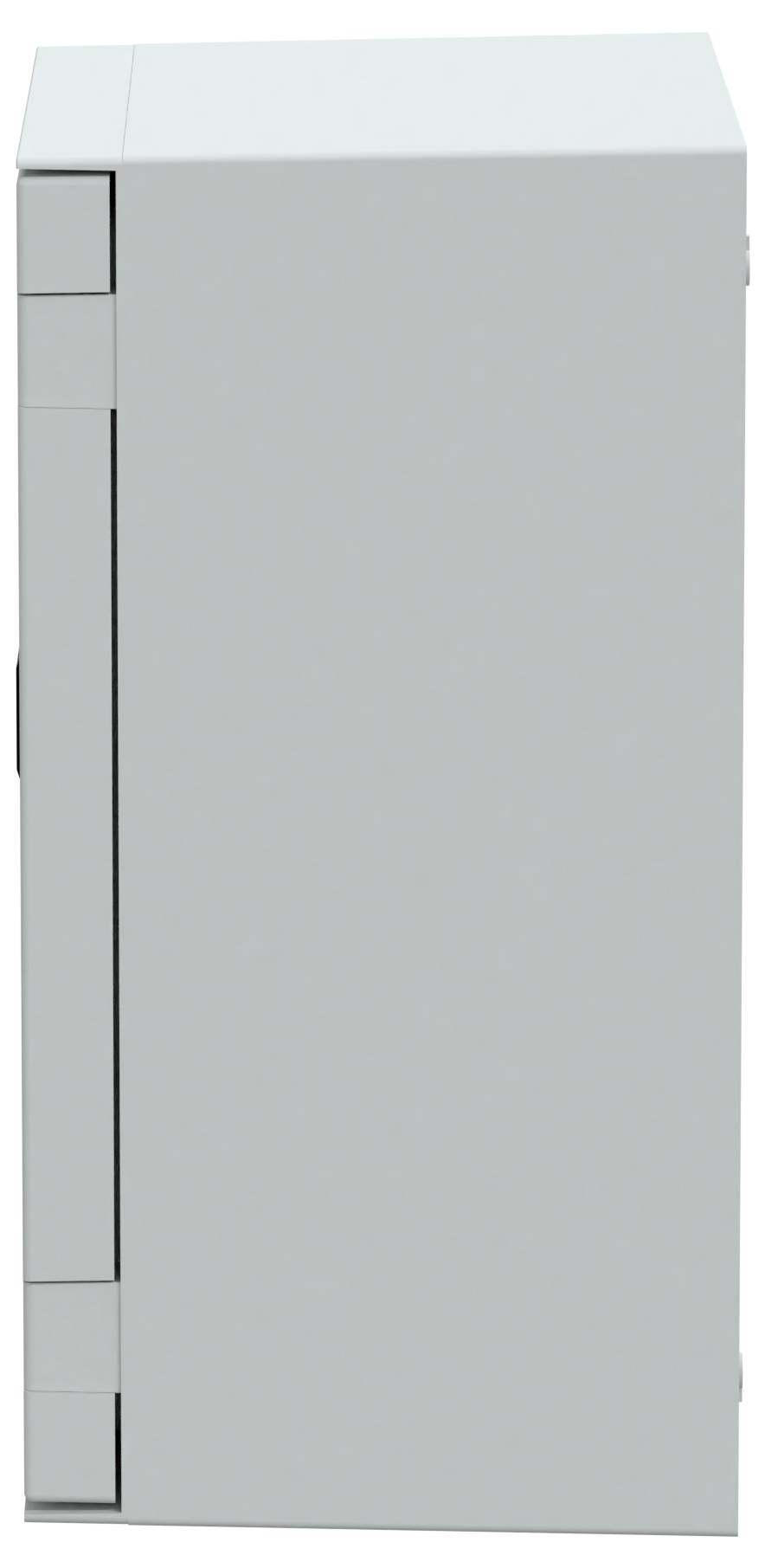 Prosty, wysoki, biały szafka o gładkiej powierzchni, widziana z boku, ukazująca zawiasy i krawędzie drzwi.