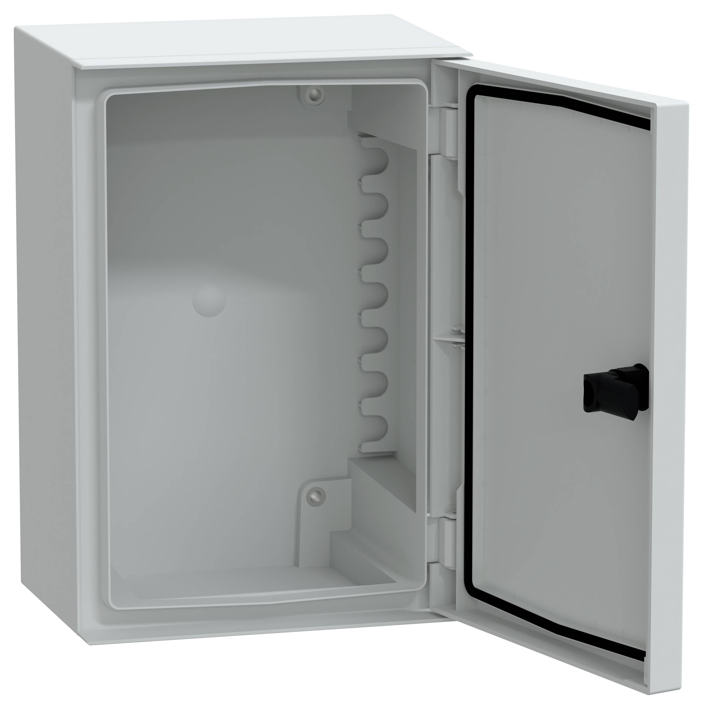 Pusty, otwarty osprzęt elektryczny z drzwiczkami na zawiasach i ciemną zatrzaską, odpowiedni do przechowywania elementów lub połączeń elektrycznych.