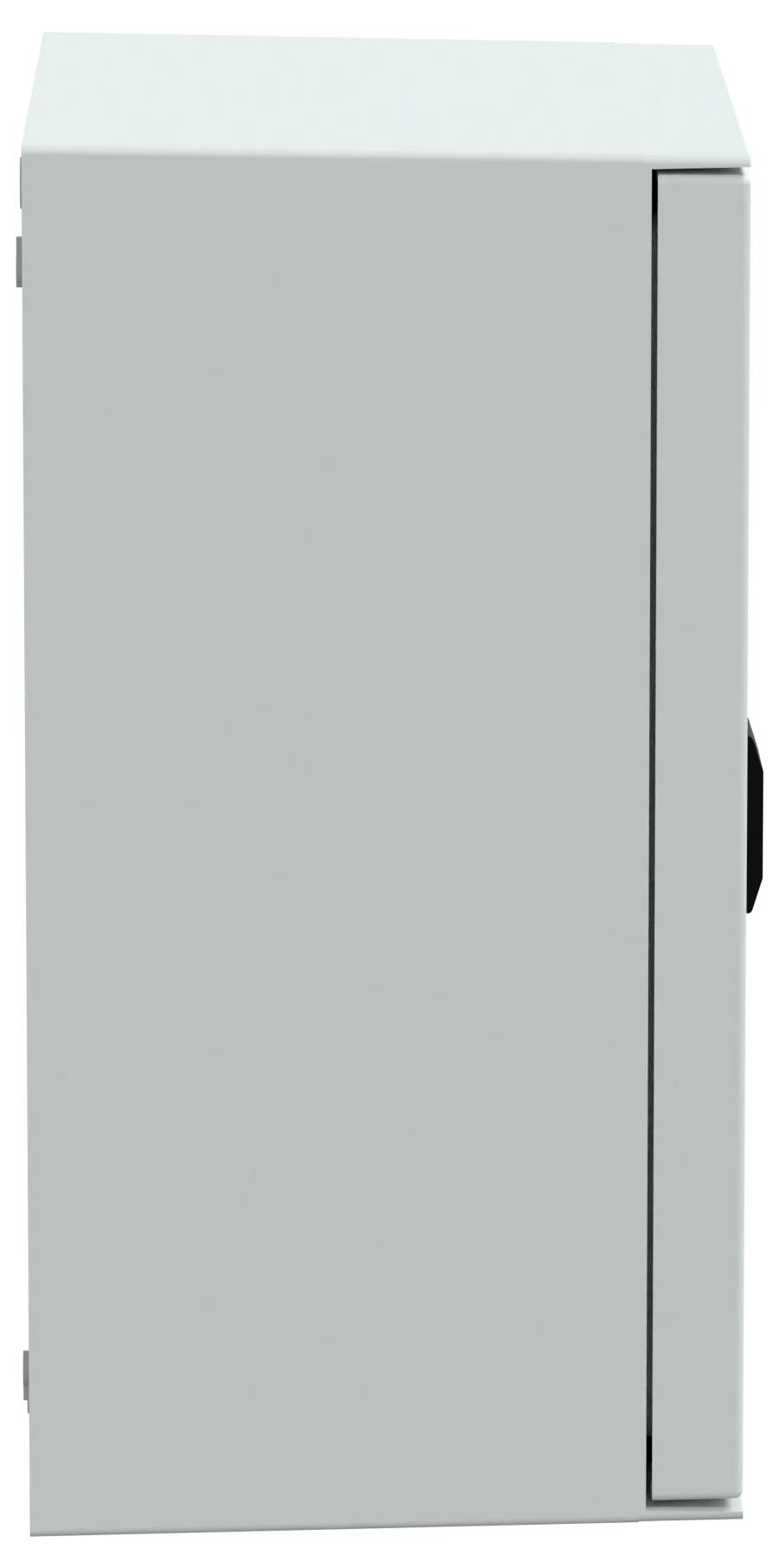 Biała, prostokątna szafka elektryczna lub magazynowa, widziana z boku. Drzwiczki szafki są zamknięte, a widoczny jest uchwyt.