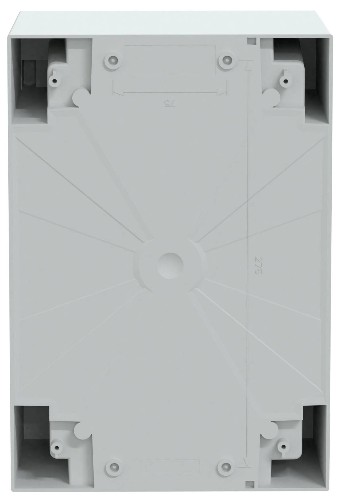 Prostokątny, szary plastikowy element z symetrycznymi rowkami i otworami na śruby, prawdopodobnie podstawa montażowa lub pokrywa urządzenia elektrycznego.