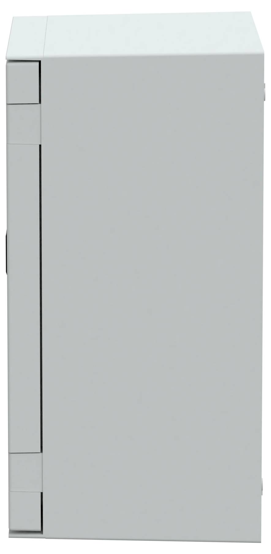 Wysoki, prostokątny, zwykły biały regał kartotekowy z zamkniętymi drzwiczkami i widocznymi zawiasami po boku.