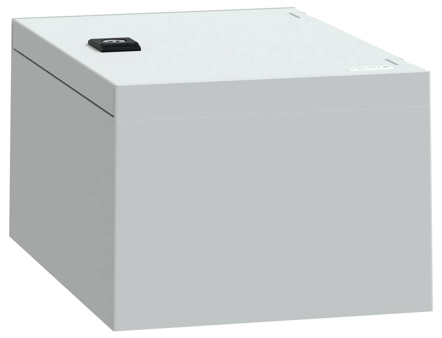 Prosty prostokątny metalowy pojemnik z czarnym prostokątnym elementem na wierzchu.