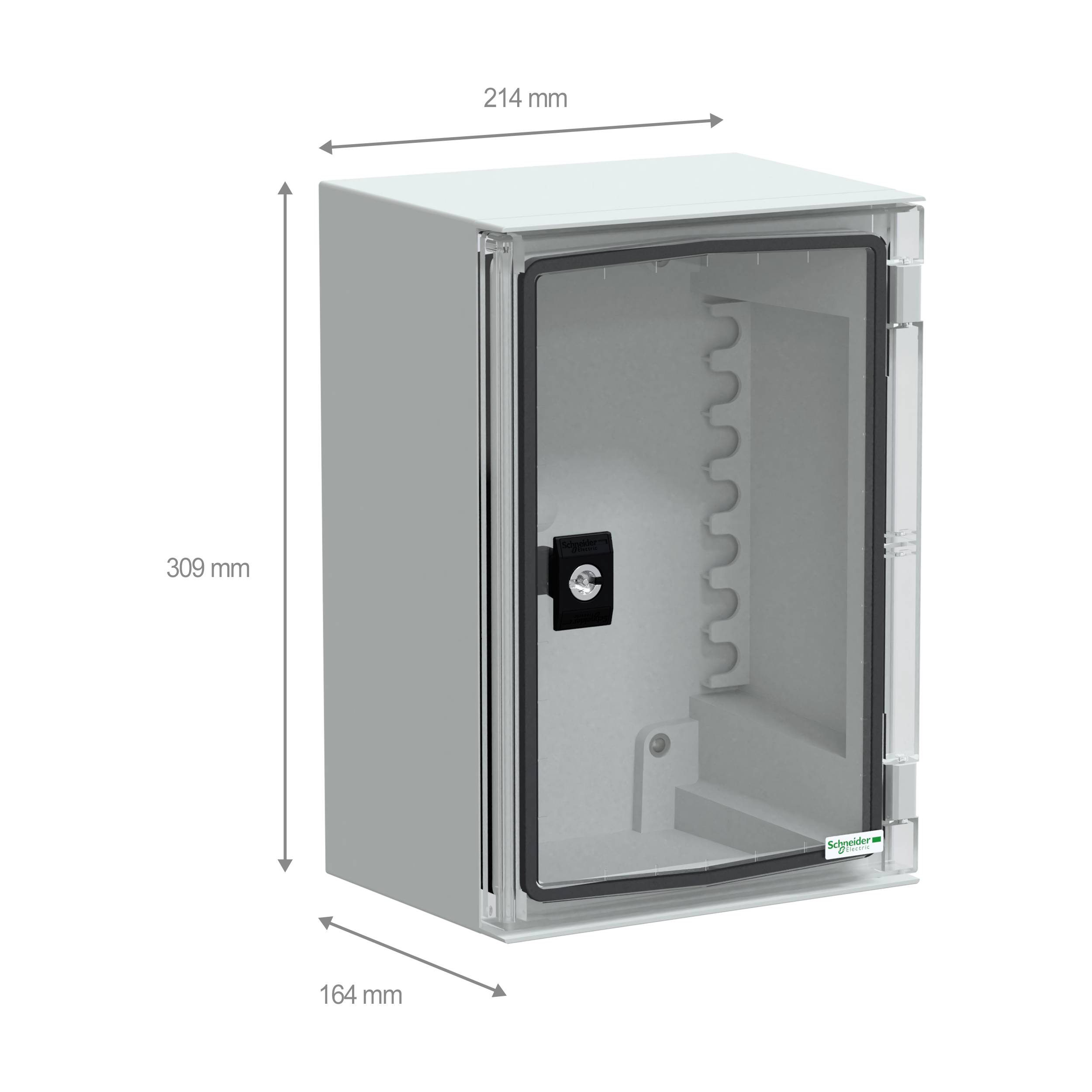 Obudowa ścienna z tworzywa sztucznego firmy 'Schneider Electric' w kolorze szarym, o wymiarach: 214 mm szerokości, 309 mm wysokości i 164 mm głębokości, z zamykanym przezroczystym drzwiczkami.