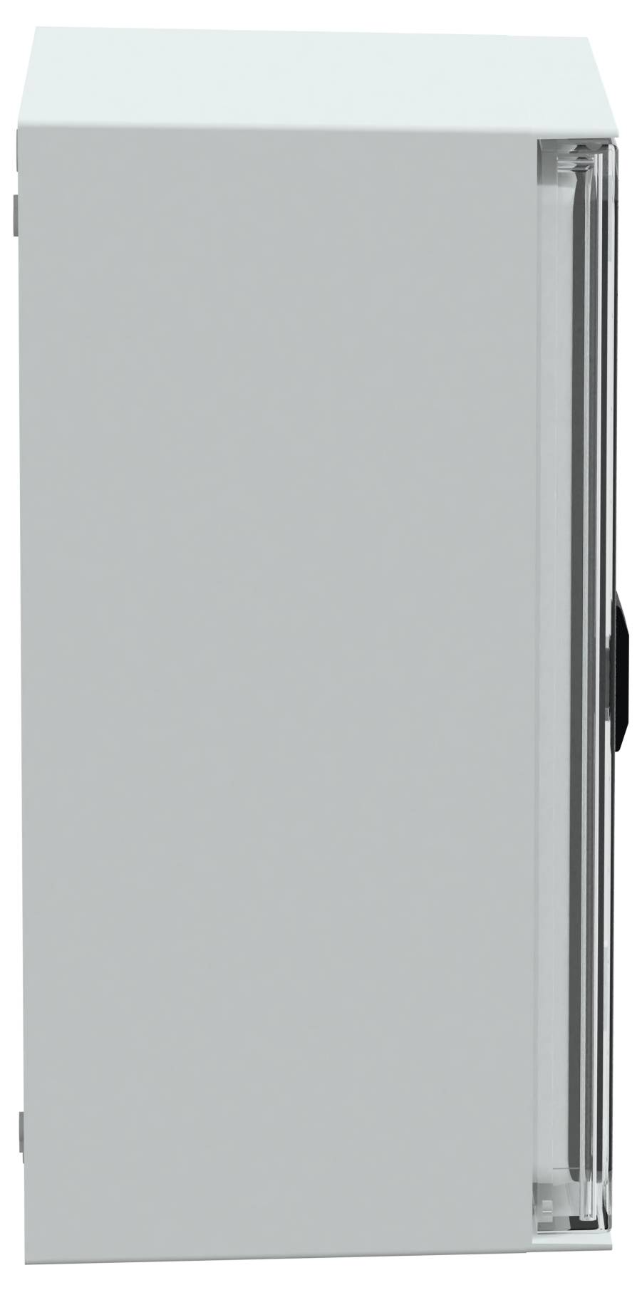 Pionowa, prostokątna biała szafka, oglądana z boku, prezentująca smukły i nowoczesny design z widoczną klamką na drzwiach.