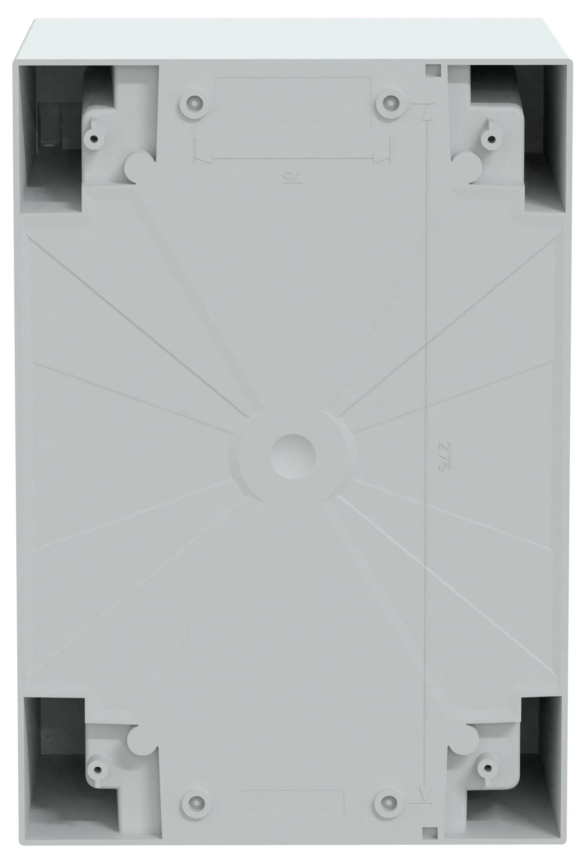Prostokątna plastikowa skrzynka przyłączeniowa z widocznymi otworami montażowymi i wewnętrznymi strukturami podtrzymującymi w każdym rogu.