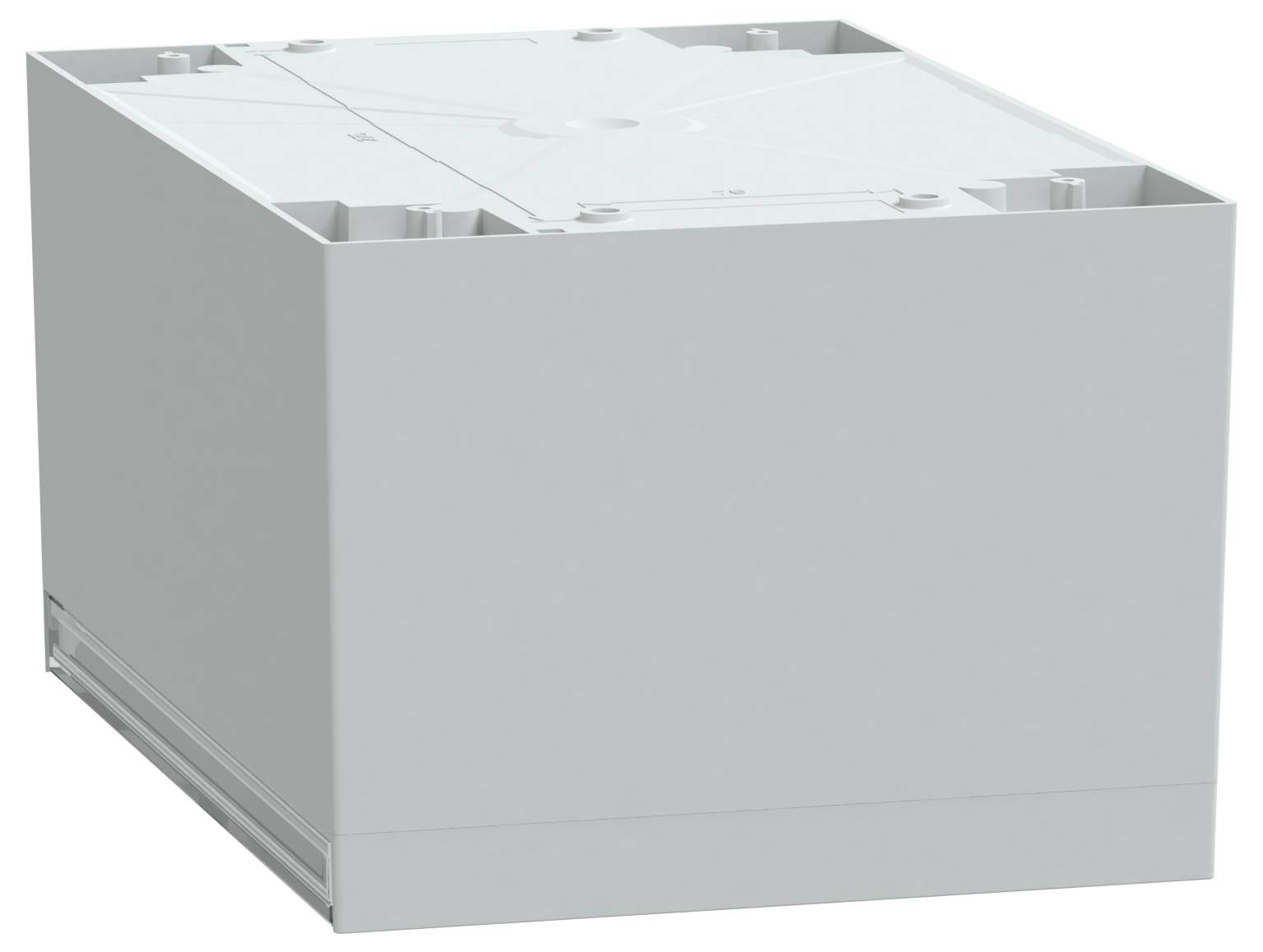 Zwykłe, szare, kwadratowe pudełko z subtelnym geometrycznym wzorem na wierzchu i gładką powierzchnią.