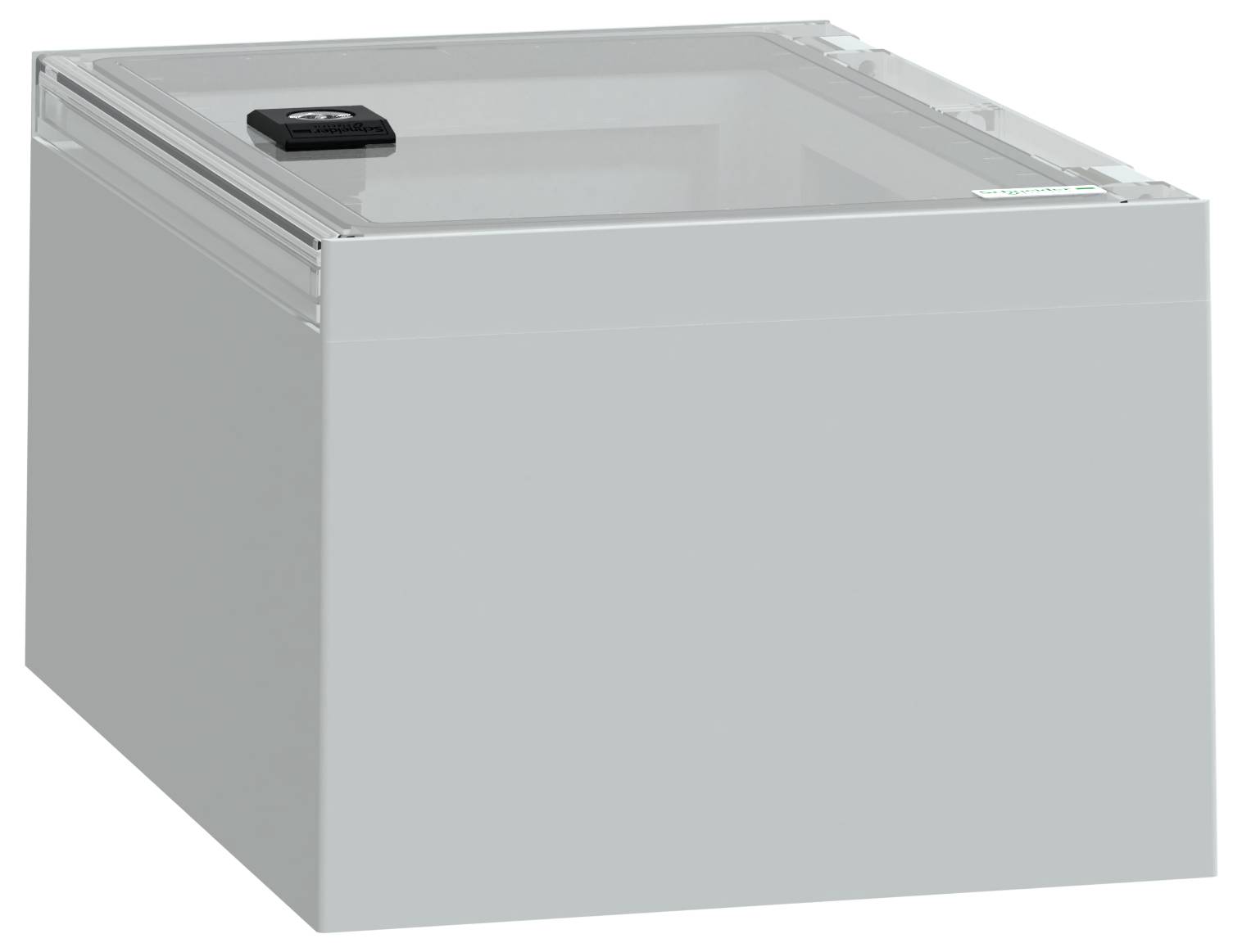 Szara skrzynia zamrażalnikowa z przezroczystą pokrywą i małym panelem sterowania na wierzchu.