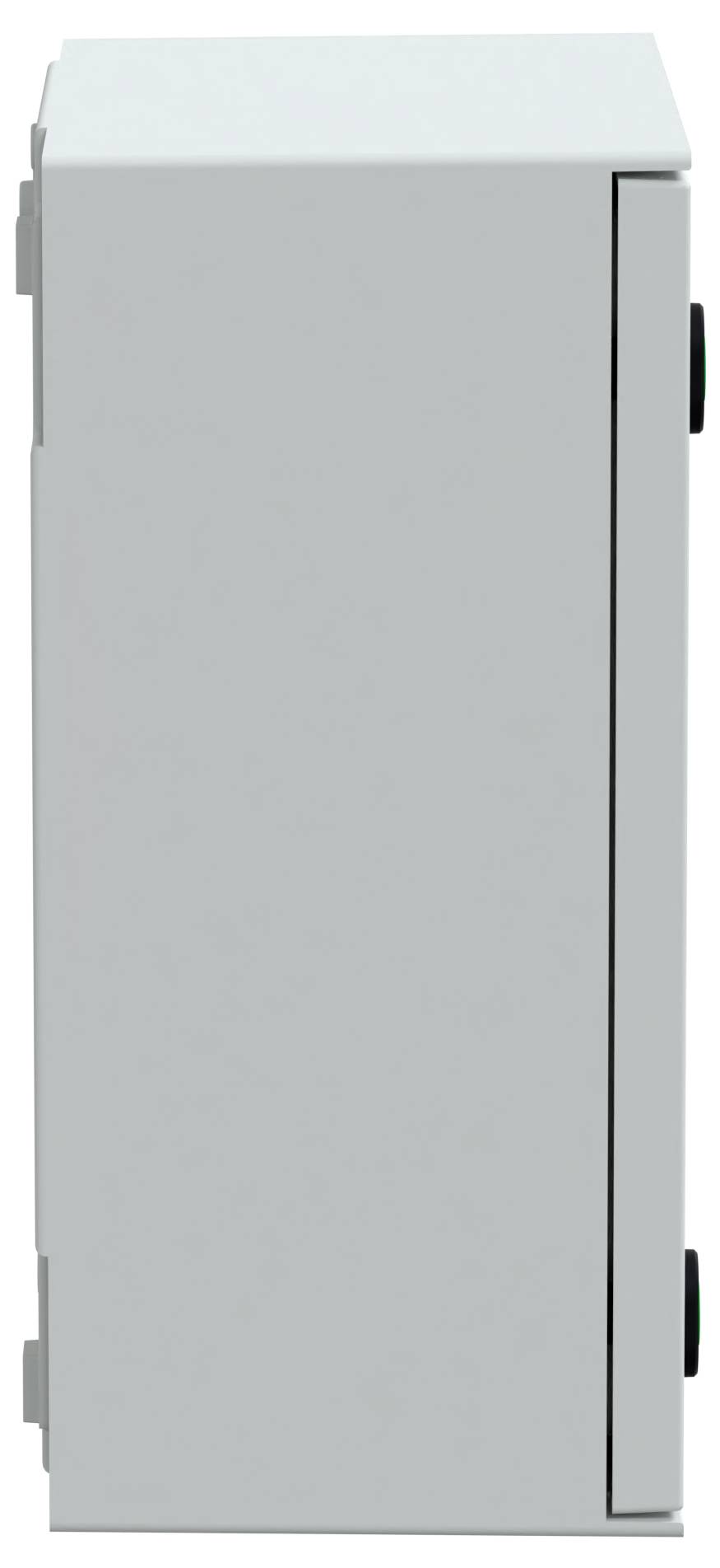Szary, prosty, prostokątny skrzynka elektryczna z zamkniętymi drzwiczkami, widziana z boku.