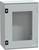 Szara szafka naścienna z przezroczystym oknem i czarnym mechanizmem zamykającym, przeznaczona do zabezpieczania instalacji elektrycznych.
