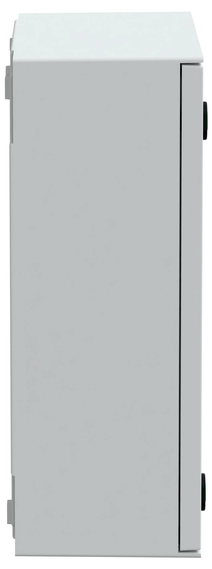Widok z boku prostej, zamkniętej szarej szafki o minimalistycznym designie, z widocznymi zawiasami i uchwytami.