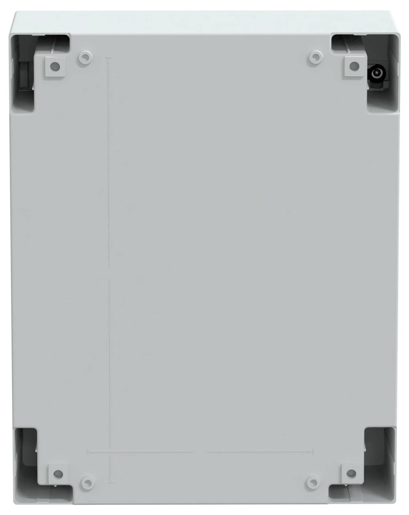 Biała, prostokątna obudowa naścienna z otworami montażowymi w narożnikach i gładką przednią powierzchnią.