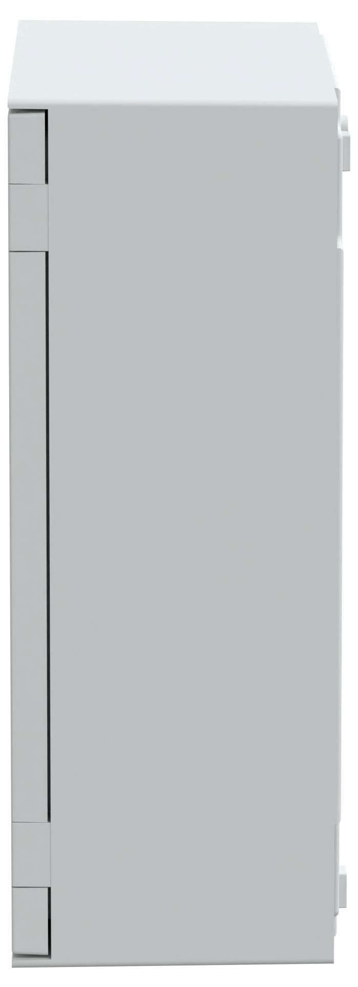 Widok z boku zamkniętej białej szafki elektrycznej lub serwerowej z widocznymi zawiasami i czystym, minimalistycznym wzornictwem.