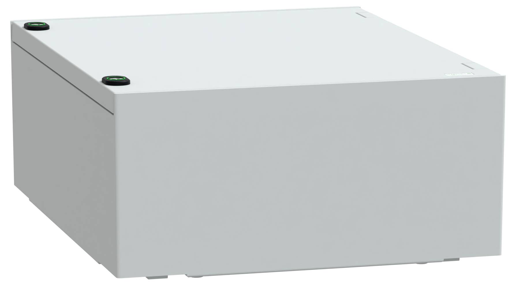 Prostokątne, metalowe pudełko z dwoma małymi zielonymi kółkami na wierzchu, prawdopodobnie oznaczającymi przyciski lub wskaźniki. Pudełko jest proste i funkcjonalne.