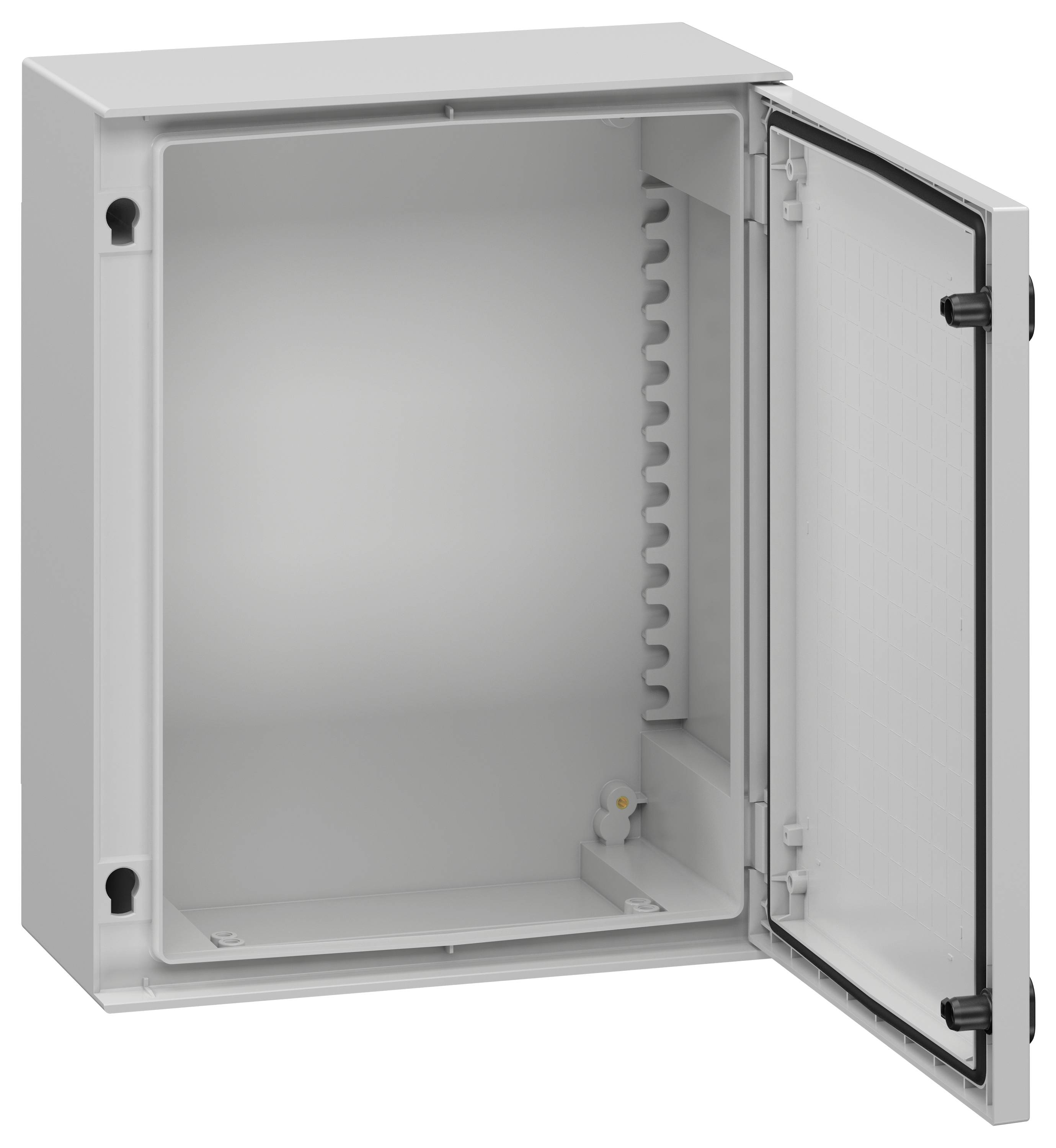 Szara obudowa elektryczna ze skrzynką rozdzielczą z otwartymi drzwiczkami, odsłaniająca przestronne wnętrze przeznaczone do umieszczania elementów elektronicznych.