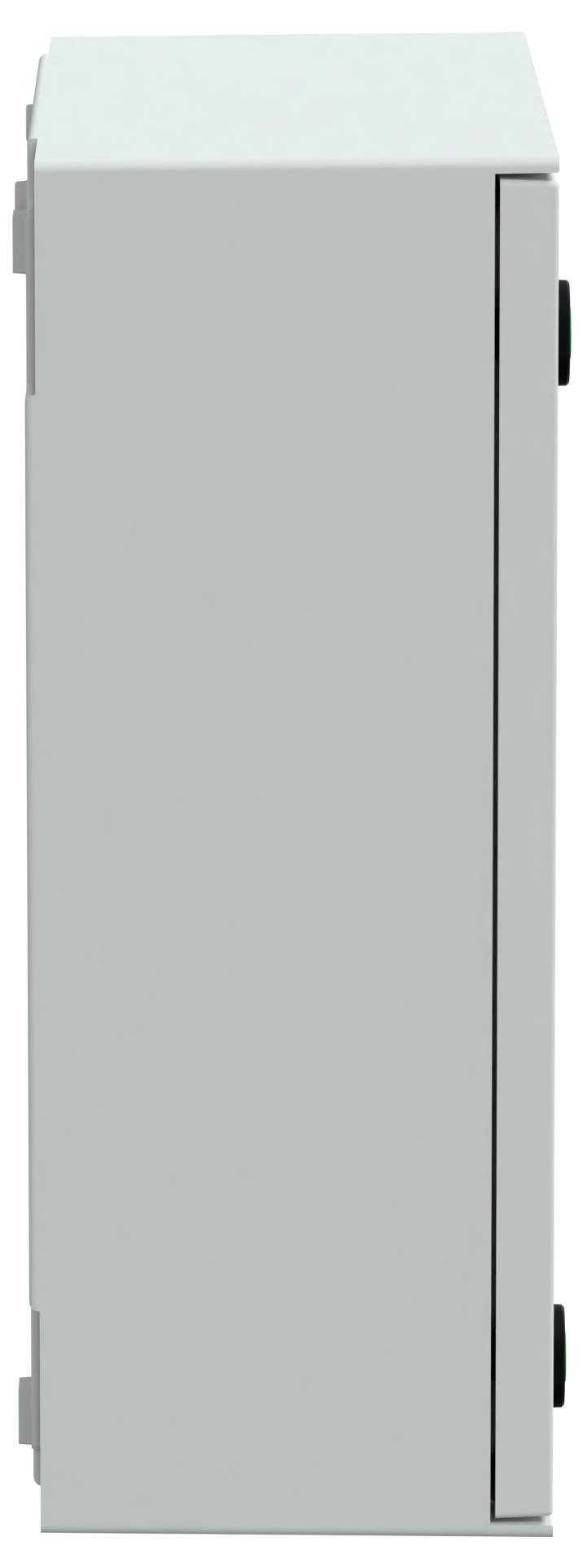 Widok z boku prostej, szarej metalowej skrzynki z drzwiczkami na zawiasach, prawdopodobnie szafki elektrycznej lub technicznej.