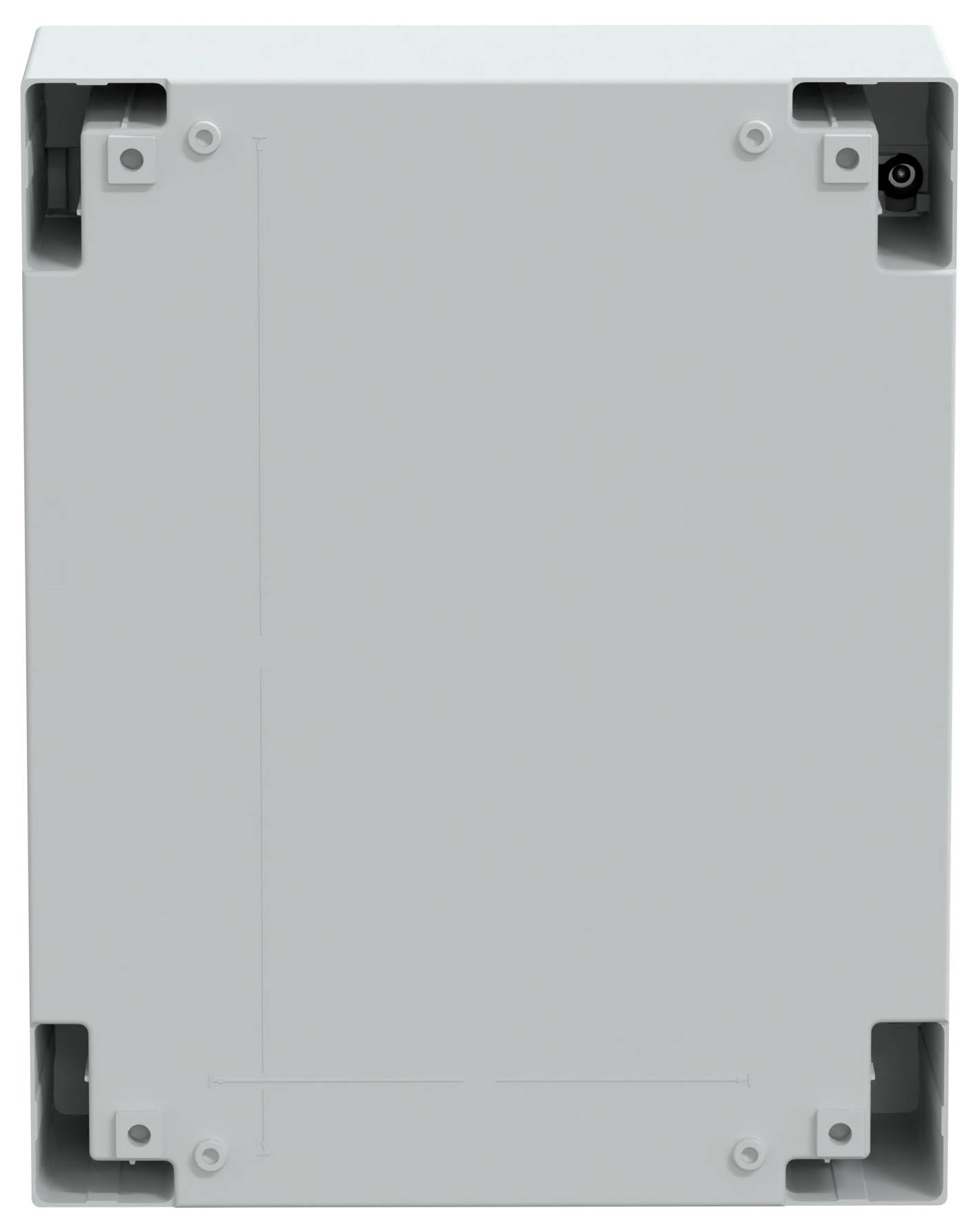 Prostokątne, szare urządzenie elektroniczne z uchwytami mocującymi w narożnikach, prawdopodobnie służące do połączeń elektrycznych lub sieciowych.