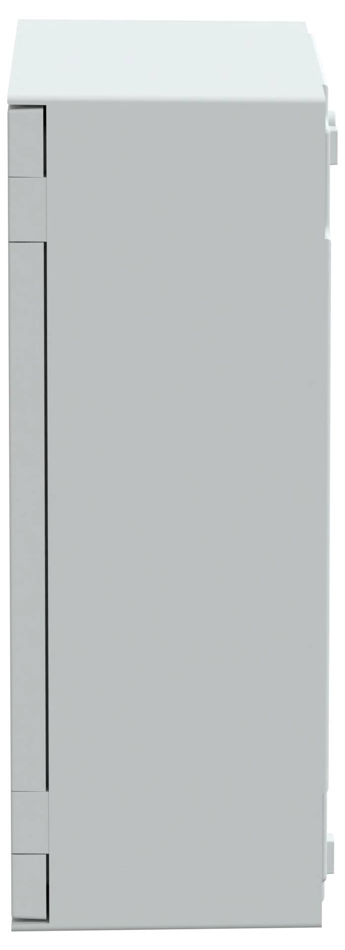 Biała, prostokątna metalowa szafka z zawiasami po bokach, widziana z boku.