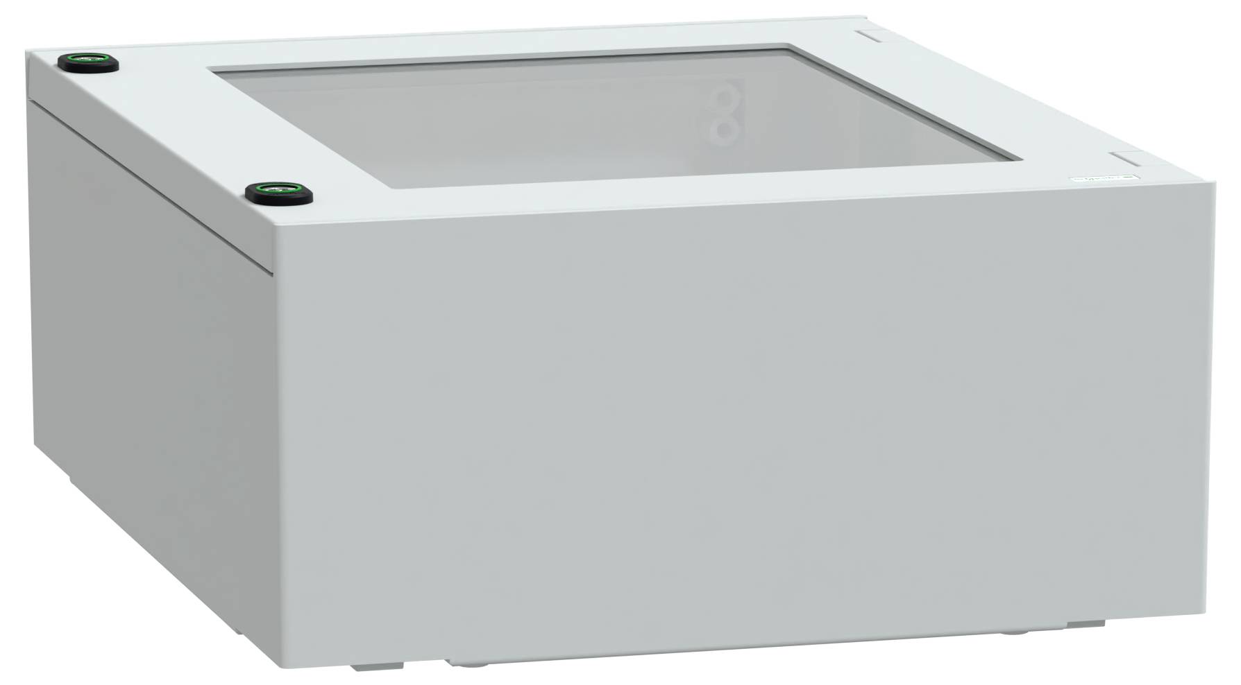 Prostokątna, szara obudowa elektroniczna z przezroczystym wierzchem, wyposażona w dwa przyciski umieszczone na przednich narożnikach.