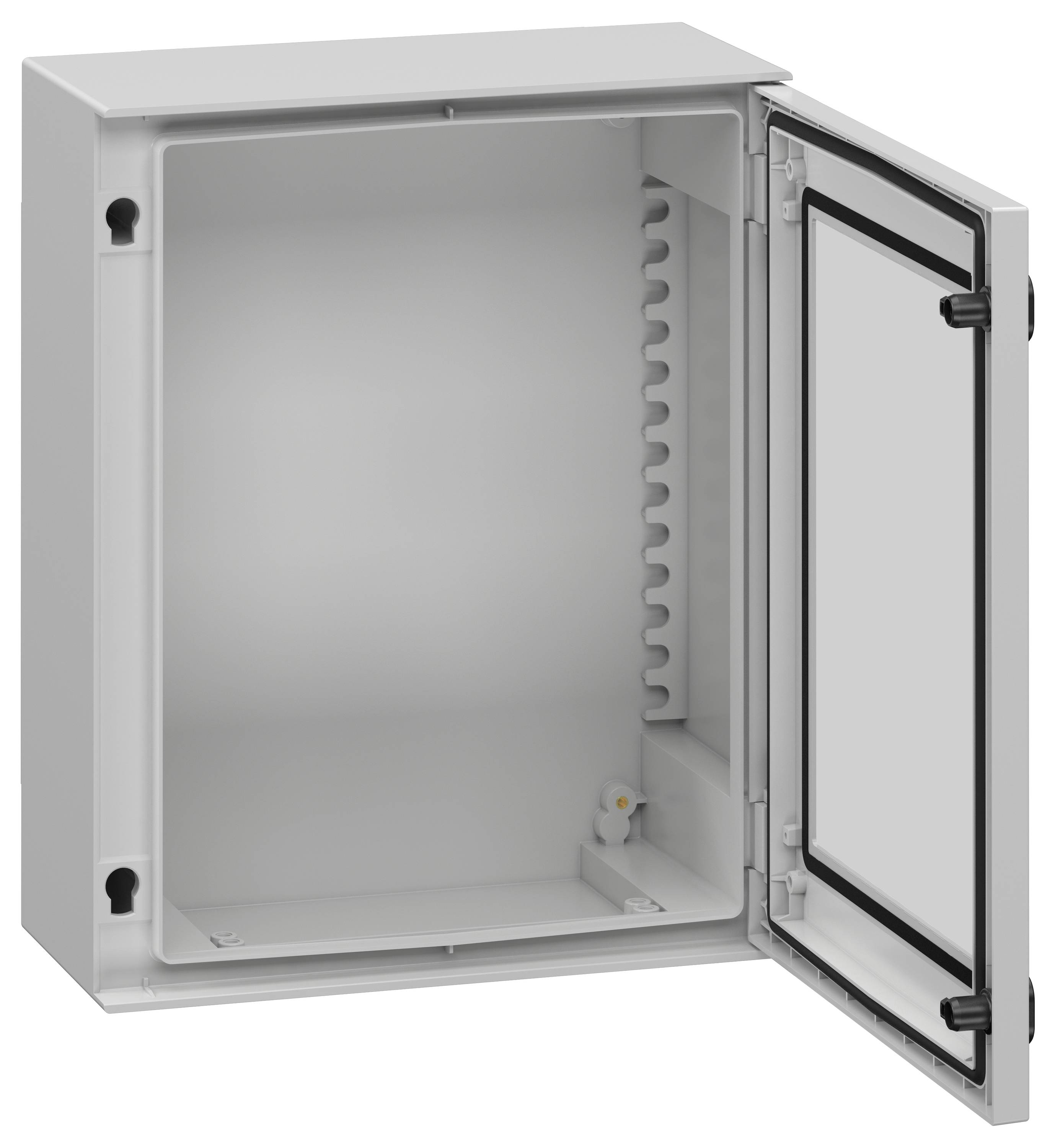 Otwarta, pusta obudowa elektryczna z drzwiami na zawiasach, ukazująca jednolitą szarą przestrzeń wewnętrzną i listwy montażowe po jednej stronie.