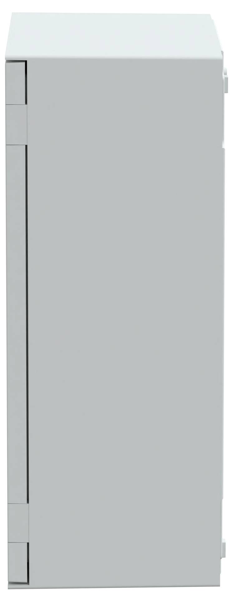 Widok z boku zamkniętej, jasnoszarej szafki z widocznymi zawiasami po lewej stronie.