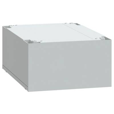 Jasno szary, prostokątny metalowy osprzęt elektryczny z płaskim wierzchem i cofniętymi bokami, odpowiedni do pomieszczenia elementów elektronicznych.