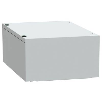 Biały, prostokątny, metalowy box z dwoma małymi zielonymi wskaźnikami świetlnymi na górnej powierzchni.