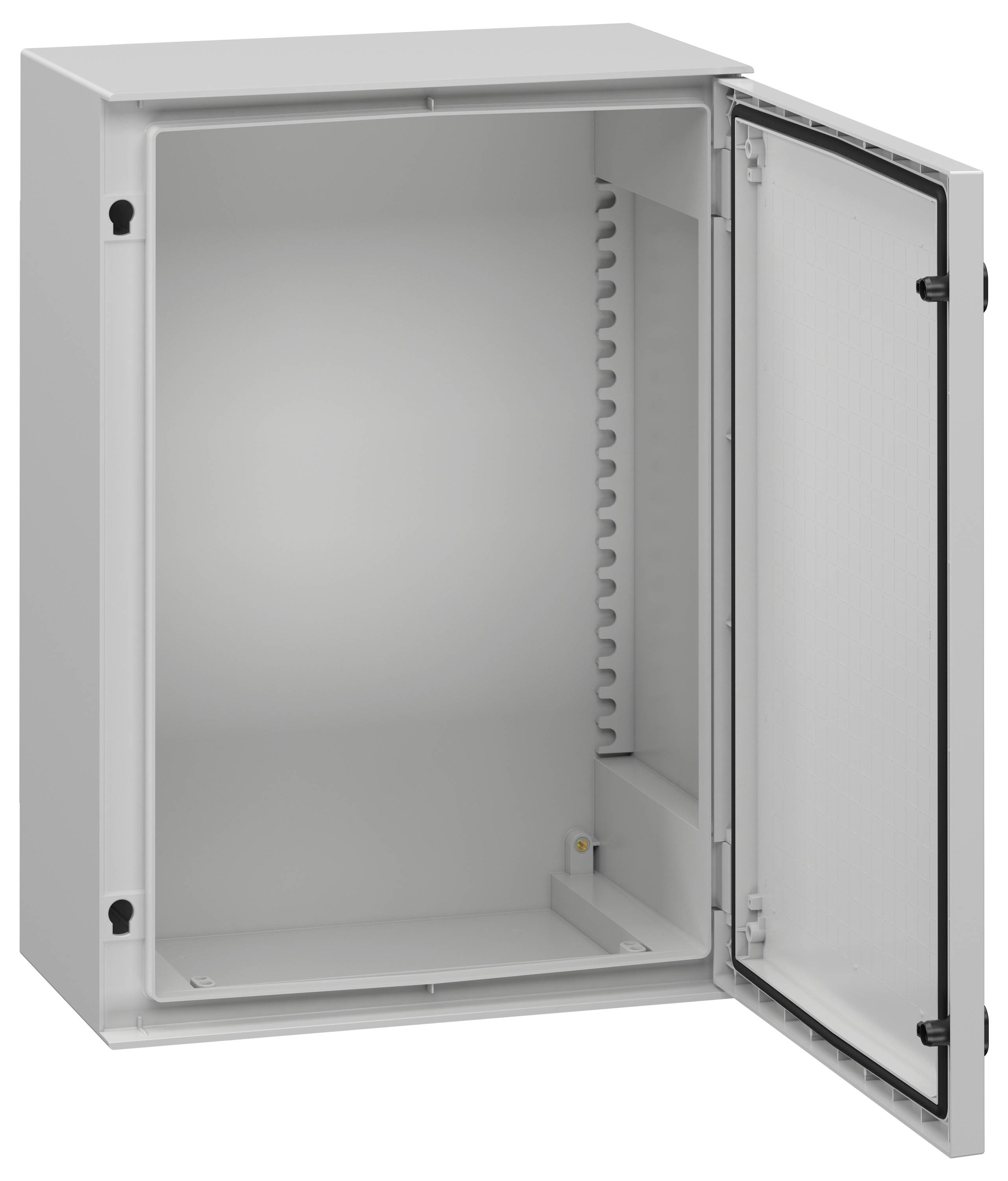 Otwarte, puste, szare metalowe pudełko elektryczne z drzwiczkami na zawiasach i widocznymi uchwytami montażowymi wewnątrz, przeznaczone do instalacji komponentów elektronicznych.