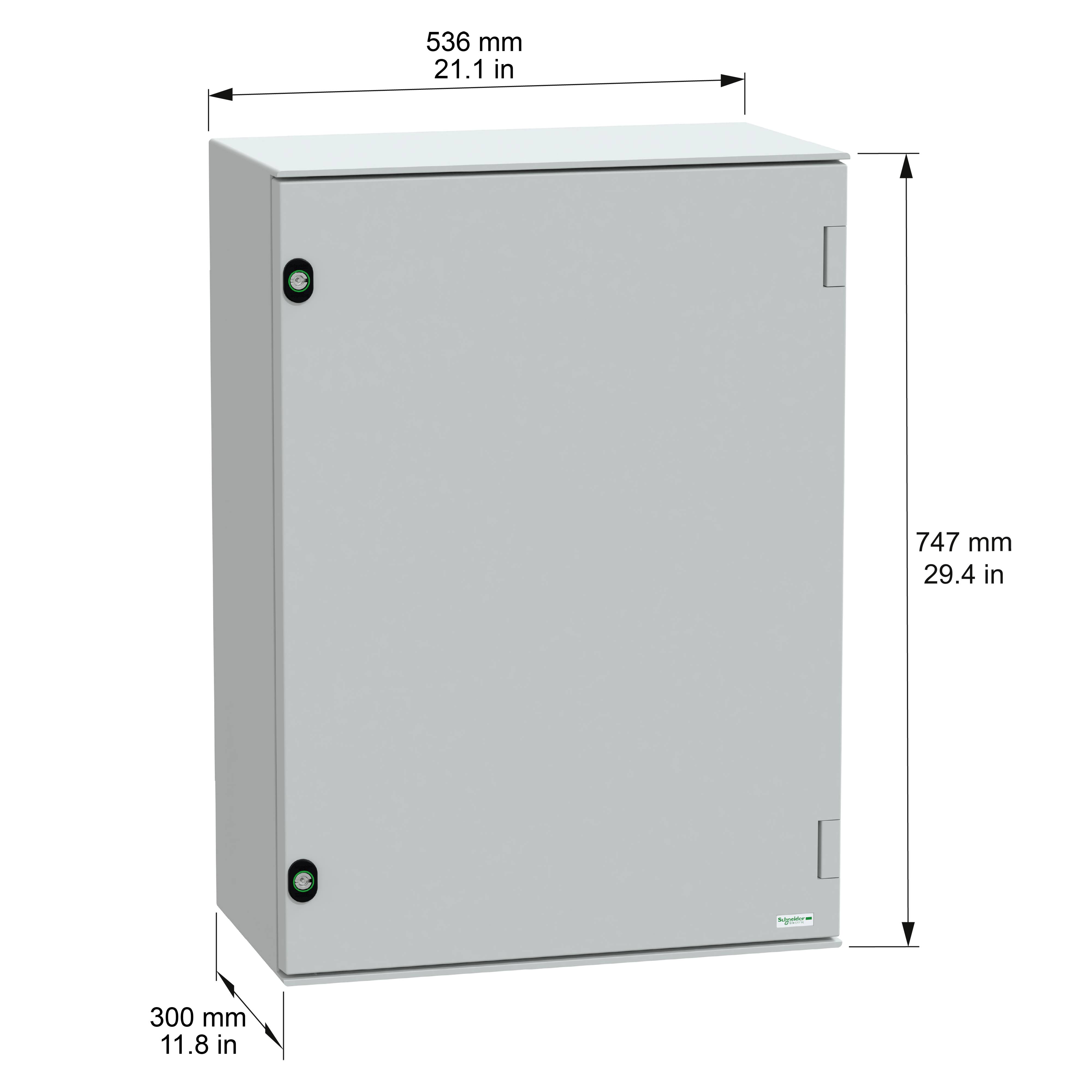 Szara szafka elektryczna o wymiarach: wysokość 747 mm (29,4 cala), szerokość 536 mm (21,1 cala), głębokość 300 mm (11,8 cala).